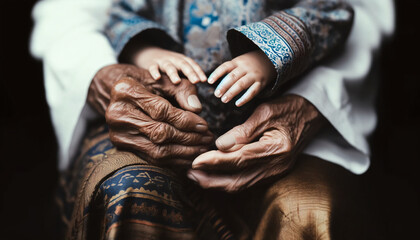 closeup on  hands of child with hands of old grand mother- generation care concept - 783194034