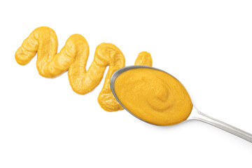 Tasty mustard sauce and spoon isolated on white, top view