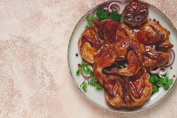 fried, quail meat, tobacco (tapaka), with spices, homemade, no people,