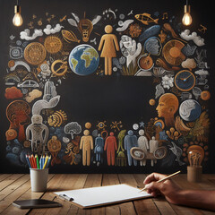 blackboard with people silhouette and blue planet- education, business, social concept - 783194297