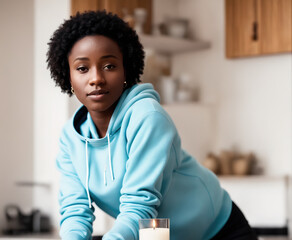 A young woman sitting at a kitchen counter, wearing a hoodie and drinking from a mug.
