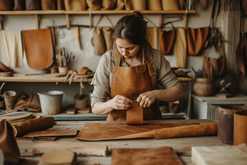Craftswoman working on leather in a diverse workshop filled with various types of leather materials