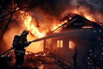 Obraz premium Fireman at work. Firefighter in action. Firefighter extinguish a fire in a house. 