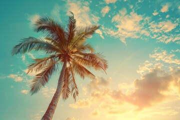 Fototapeta na wymiar Coconut palm tree on tropical beach in summer - vintage colour effect. Beautiful simple AI generated image in 4K, unique.