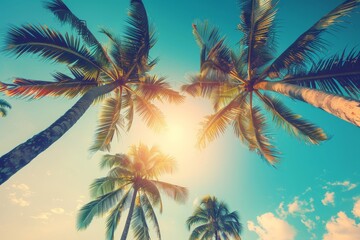 Fototapeta na wymiar Coconut palm tree on tropical beach in summer - vintage colour effect. Beautiful simple AI generated image in 4K, unique.