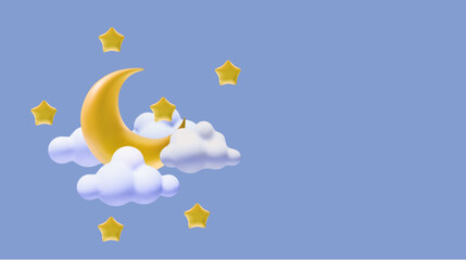 Yellow crescent in clouds and stars on blue background. 3d cartoon icon. Sleep background time, night, dream. Vector illustration