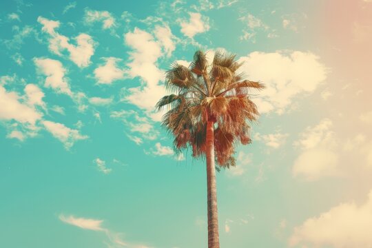 Coconut palm tree on tropical beach in summer - vintage colour effect. Beautiful simple AI generated image in 4K, unique.