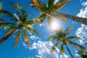 Low angle view of tropical coconut palm trees with clear blue sky - AI Generated. Beautiful simple AI generated image in 4K, unique. - obrazy, fototapety, plakaty