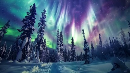 northern lights above snow covered trees, purple, green colors, winter landscape