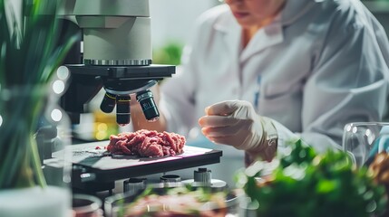 Innovative Plant-Based Meat Examined Under Microscope for Sustainable Nutritional Alternatives - obrazy, fototapety, plakaty