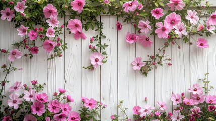 Fototapeta na wymiar Pink Floral Background on White Wooden Planks