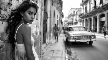 B&W photojournalistic image of a young woman leaning against a wall in Cuba. Confident expression and stylish halter top. Vintage cars and architecture that is a hallmark of Cuban life.