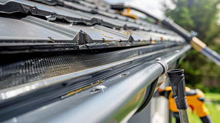 Roof and gutters cleaning. Specialized equipment and tools used in gutter cleaning