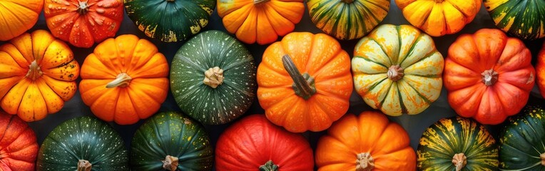 Colorful Autumn Harvest: Top View of Fresh Hokkaido Squash, Pumpkins, and Other Edible Vegetables for Thanksgiving Banner Background - obrazy, fototapety, plakaty