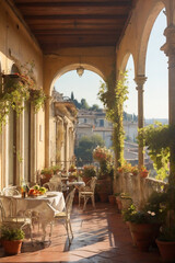 Fototapeta premium Beautiful veranda or terrace in Italy villa or restaurant with comfortable furniture tables and chairs. Beautiful view with outdoor.