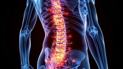 human spine Illustration with pain points highlighted in neon red, black background, x-ray style