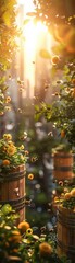 Beehive, rooftop garden, buzzing with activity, harmonious coexistence, cityscape below, realistic, golden hour, depth of field bokeh effect