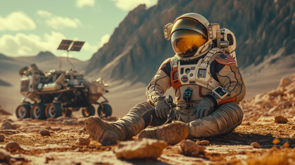 tired astronaut sits on the planet Mars next to the space rover. Planet exploration and travel concept.
