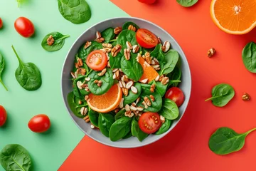 Poster Healthy and colorful spinach salad with oranges and nuts on vibrant background, top view flat lay © SHOTPRIME STUDIO