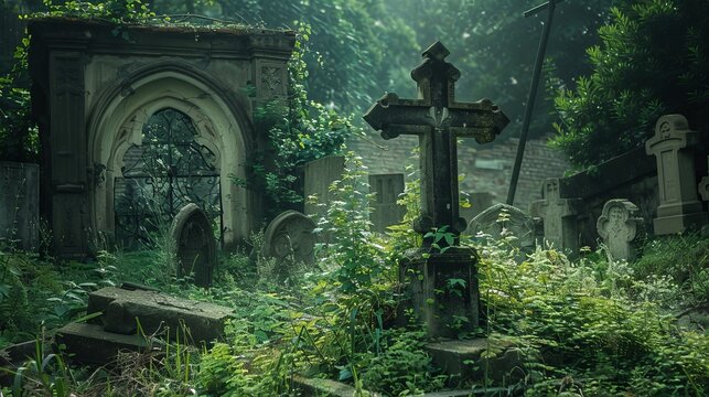 Shabby cross amidst overgrown tombs, a scene of serene decay and forgotten histories