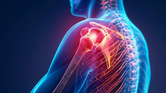 human shoulder joint pain, close up view, neon glowing xray anatomy illustration, dark blue background