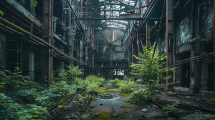 Fading echoes of industry, an abandoned factory's ruins captured in the twilight