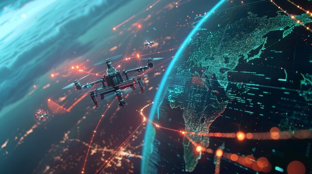 Futuristic visualization of information exchange flows, with drones and global maps intertwining