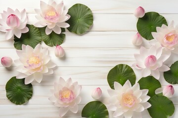 Romantic floral composition with loosely arranged lotus flowers on a rustic wooden background