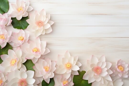 Romantic floral composition with loosely arranged lotus flowers on a rustic wooden background