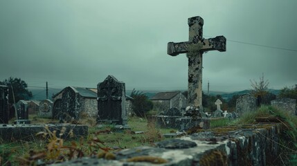 A weathered cross stands sentinel among forgotten tombs, a testament to time's passage