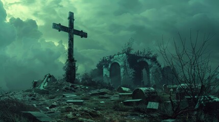 Naklejka premium A lone, dilapidated cross amid crumbling tombs, under the watchful eyes of twilight