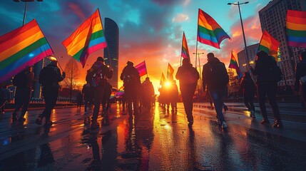 A group of people are holding rainbow flags and walking down a street