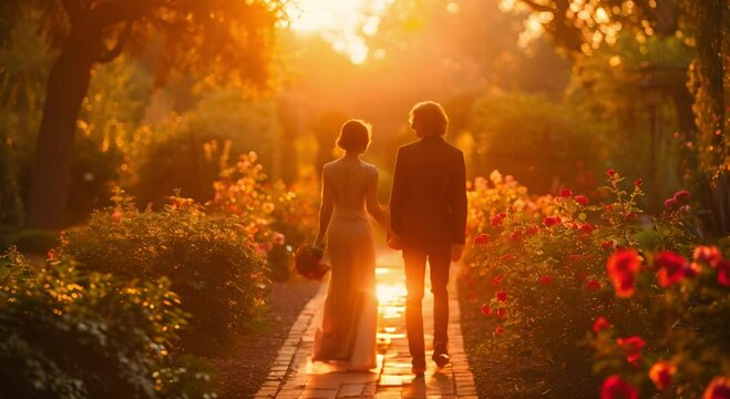 Wedding cople holding hands in the sunset, while the flowers of nearby trees fly in front of them carried by the wind