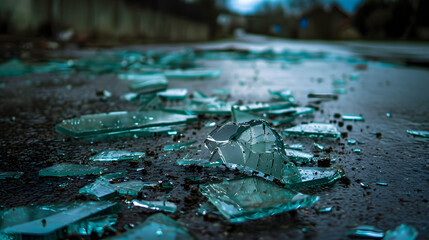 Broken glass on the ground of different size and shape. car crash or burglary - obrazy, fototapety, plakaty