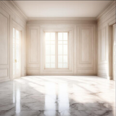 empty bright room with light walls, marble floor, light from the window