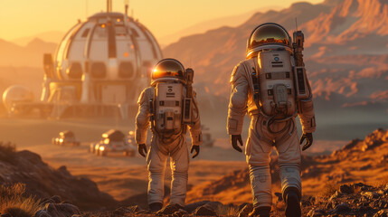 Two astronauts in spacesuits walk toward research station, colony or scientific base on Mars. AI powered rover rides in the background. Space mission. Futuristic colonization and exploration concept. - obrazy, fototapety, plakaty