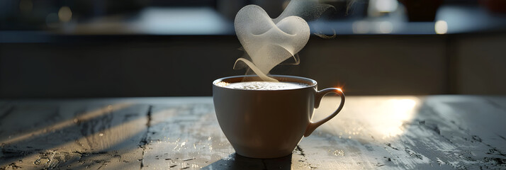 A person holding a cup of coffee with a heart shape on it,Cup of tea with red heart staying on wooden tray over lights at background Valentines day Good morning.

 - obrazy, fototapety, plakaty
