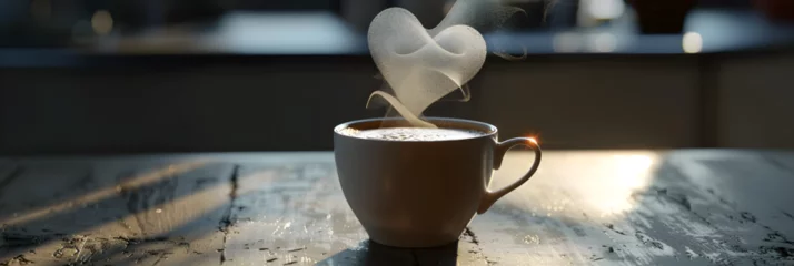Foto op Plexiglas A person holding a cup of coffee with a heart shape on it,Cup of tea with red heart staying on wooden tray over lights at background Valentines day Good morning.   © Rabia