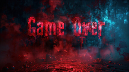 pixelated bloody text "game over" on gloomy background, screenshot of end of video game
