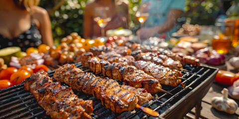 Skewers and meat on the grill, BBQ party grilling meat in the afternoon of weekend - obrazy, fototapety, plakaty