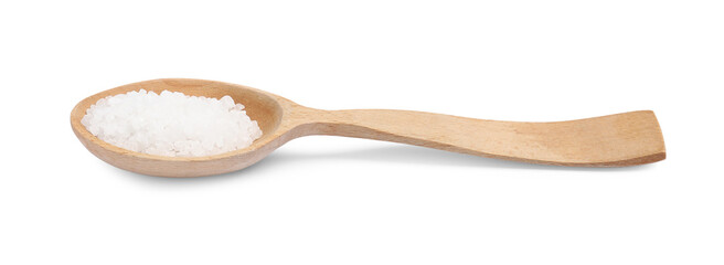 Natural salt in wooden spoon on white background