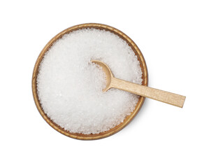Natural salt in wooden bowl and spoon on white background, top view
