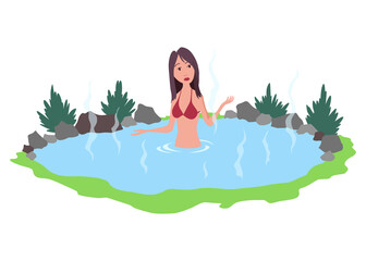 Hot springs pool. People enjoying thermal spa water in winter, flat  illustration. Mountain onsen, japanese natural hot springs resort. Relax, recreation