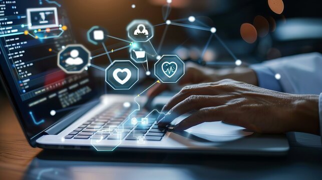 close up of hands typing on laptop computer and icons showing digital medical data, health technology concept