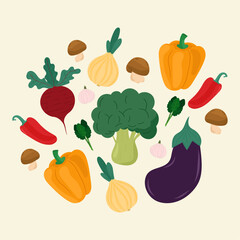 Vibrant vegetables set on isolated background. Vector vegetables - broccoli, beet, pepper, eggplant, mushrooms in flat style, culinary theme. For kitchen textiles, seasonal decor.