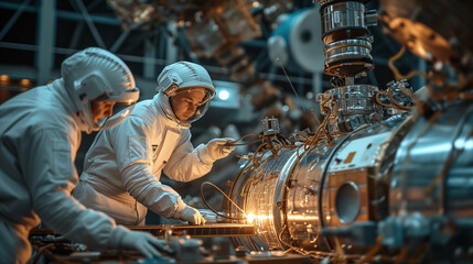Two engineers in white space suits are building a space satellite in a large spacecraft factory. Diverse Group of Scientists Developing Spacecraft for Space Exploration Program