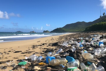 Beach pollution with plastic waste on sand