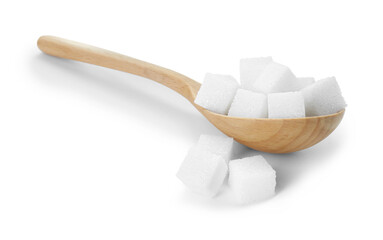 Many sugar cubes and wooden spoon isolated on white