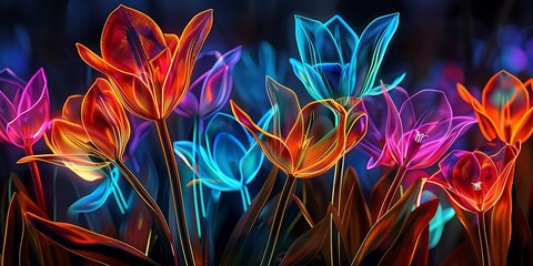 Neon Tulips Electrifying Artwork of Vibrant Light Illuminating Tulip Flowers