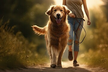 Golden retriever walking with owner in sunlight